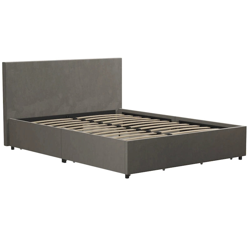 Velvet Upholstered Platform Bed with 4 Locking Storage Drawers – No Box Spring