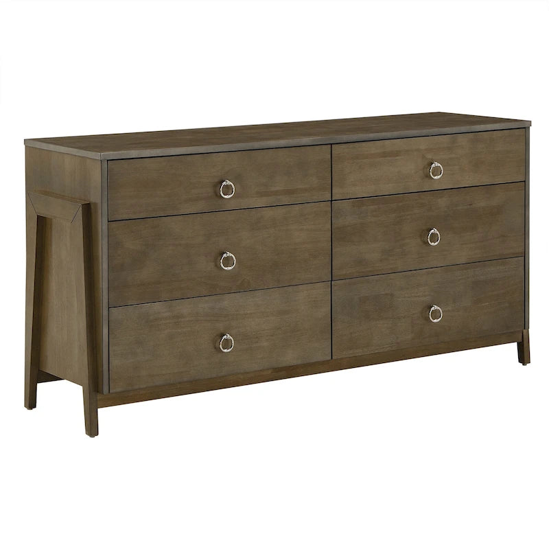 Mid-Century 6-Drawer Rubberwood Dresser – Tobacco Brown or Charcoal Grey