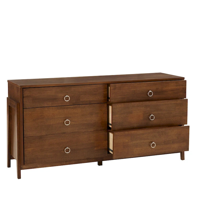 Commode à 6 tiroirs en bois d'hévéa Mid-Century – Brun tabac ou Gris anthracite