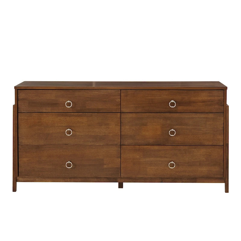 Commode à 6 tiroirs en bois d'hévéa Mid-Century – Brun tabac ou Gris anthracite