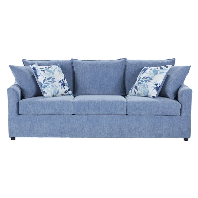 3-Seater Pillow Back Sofa in Slate Blue Polyester with 4 Accent Pillows
