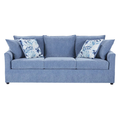 3-Seater Pillow Back Sofa in Slate Blue Polyester with 4 Accent Pillows