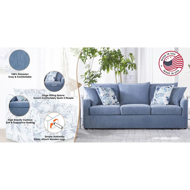 3-Seater Pillow Back Sofa in Slate Blue Polyester with 4 Accent Pillows