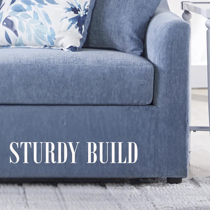 3-Seater Pillow Back Sofa in Slate Blue Polyester with 4 Accent Pillows
