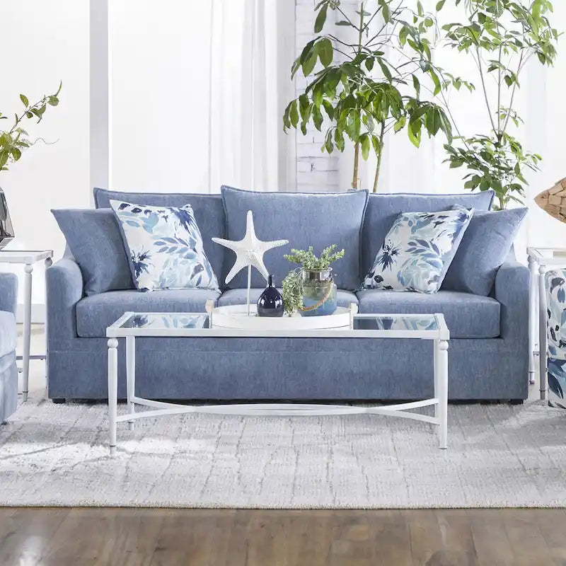 3-Seater Pillow Back Sofa in Slate Blue Polyester with 4 Accent Pillows