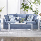 3-Seater Pillow Back Sofa in Slate Blue Polyester with 4 Accent Pillows