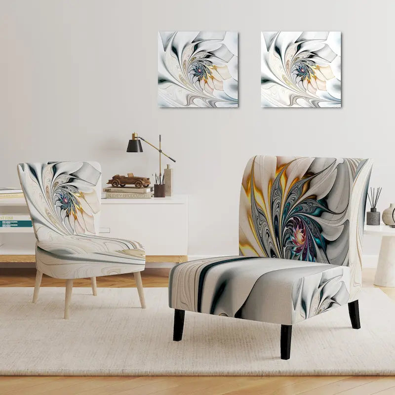 Fauteuil d'appoint capitonné floral en vitrail blanc – Cadre en bois d'hévéa