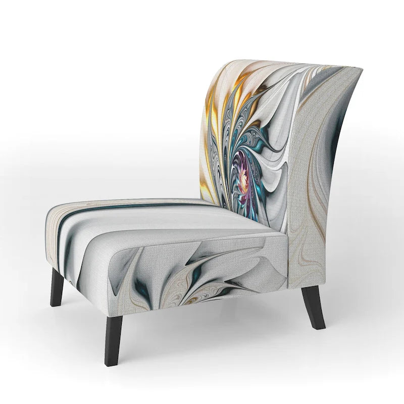 Fauteuil d'appoint capitonné floral en vitrail blanc – Cadre en bois d'hévéa