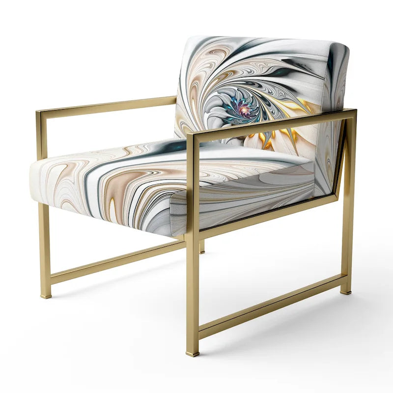 Fauteuil d'appoint capitonné floral en vitrail blanc – Cadre en bois d'hévéa