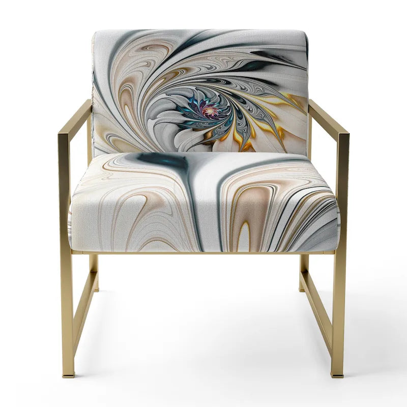 Fauteuil d'appoint capitonné floral en vitrail blanc – Cadre en bois d'hévéa