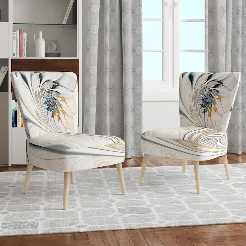 Fauteuil d'appoint capitonné floral en vitrail blanc – Cadre en bois d'hévéa