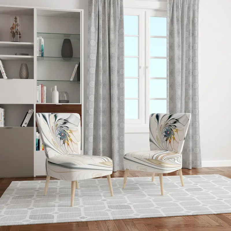 Fauteuil d'appoint capitonné floral en vitrail blanc – Cadre en bois d'hévéa