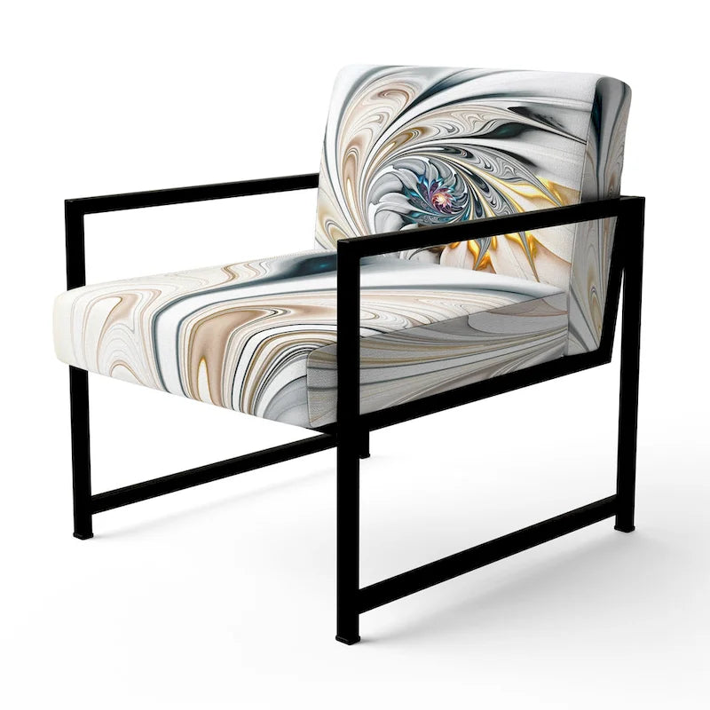 Fauteuil d'appoint capitonné floral en vitrail blanc – Cadre en bois d'hévéa