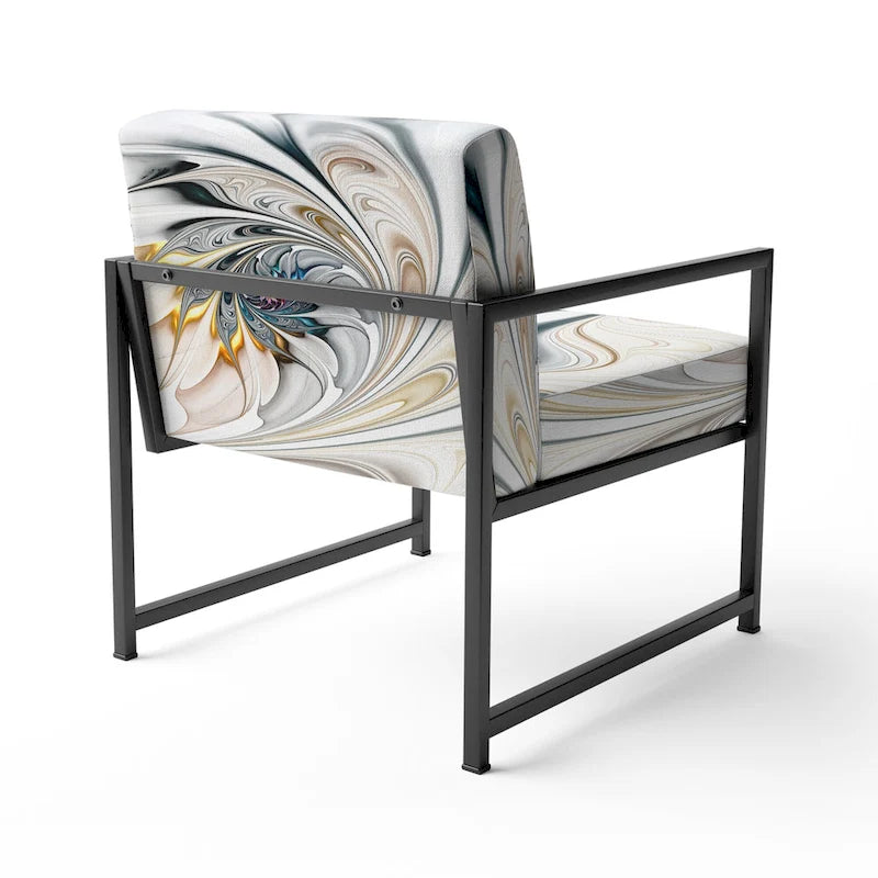 Fauteuil d'appoint capitonné floral en vitrail blanc – Cadre en bois d'hévéa