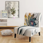 Fauteuil d'appoint capitonné floral en vitrail blanc – Cadre en bois d'hévéa