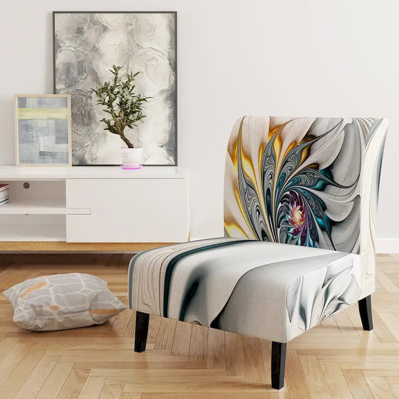 Fauteuil d'appoint capitonné floral en vitrail blanc – Cadre en bois d'hévéa