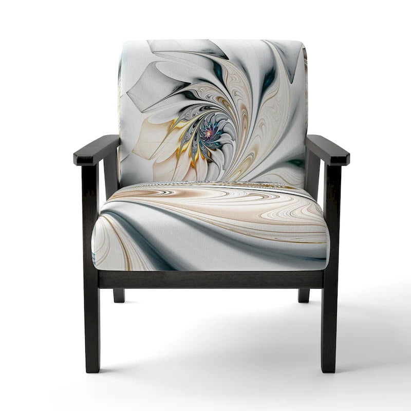 Fauteuil d'appoint capitonné floral en vitrail blanc – Cadre en bois d'hévéa