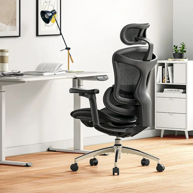 Fauteuil de bureau ergonomique avec support lombaire auto-adaptatif et accoudoirs 3D – Noir