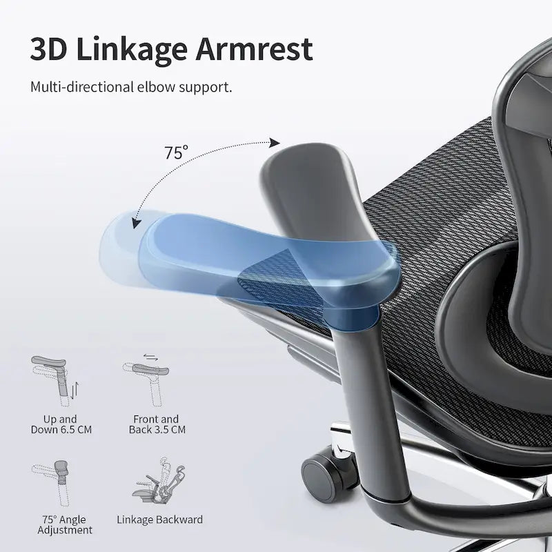Fauteuil de bureau ergonomique avec support lombaire auto-adaptatif et accoudoirs 3D – Noir