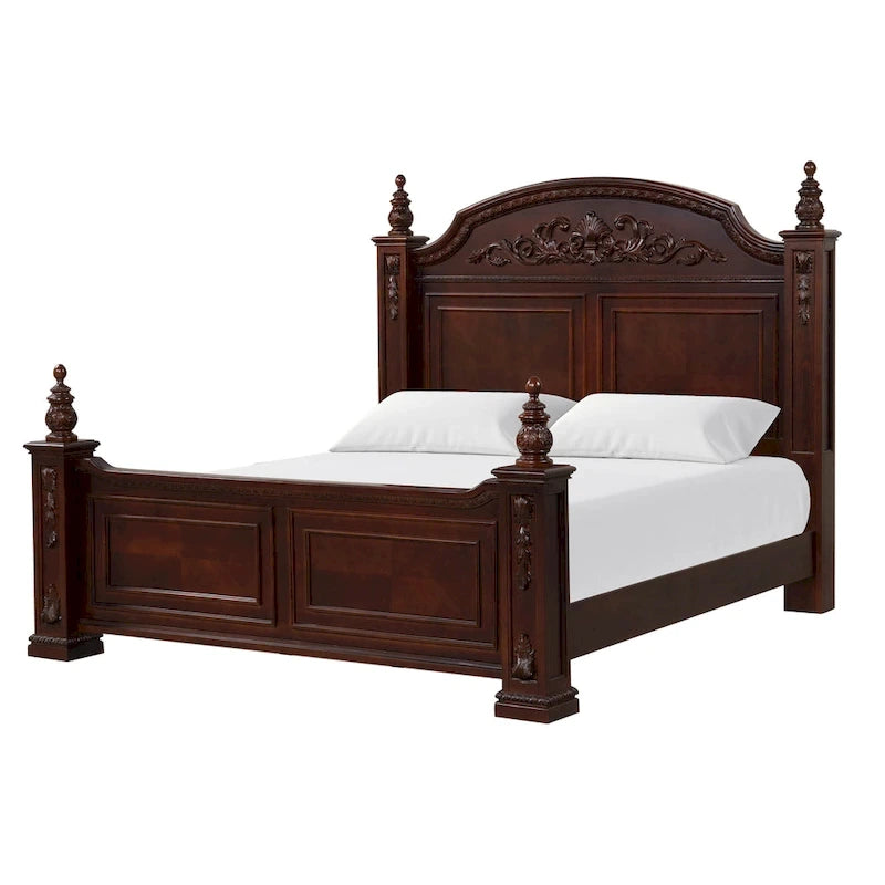 King Size Poster Bed in Deep Cherry Finish with Carved Accents – 70" High Posts