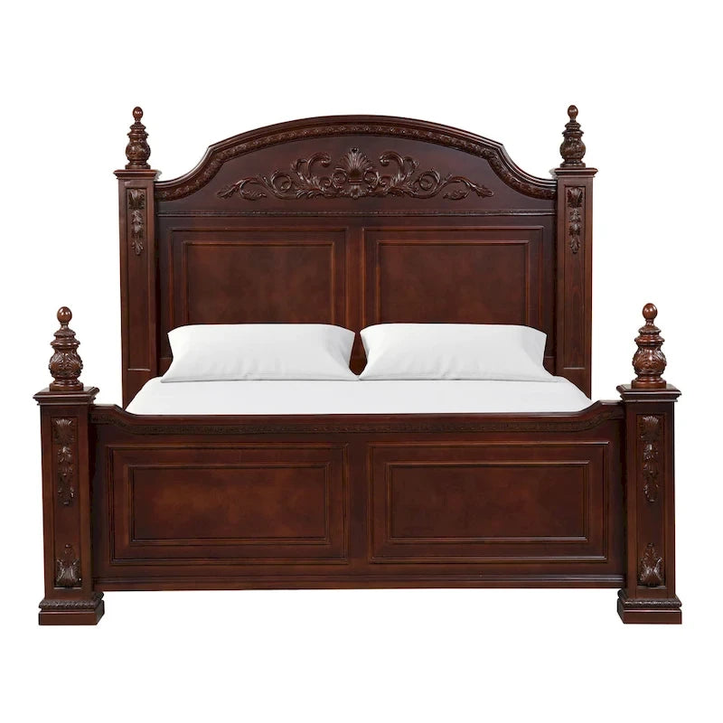 King Size Poster Bed in Deep Cherry Finish with Carved Accents – 70" High Posts