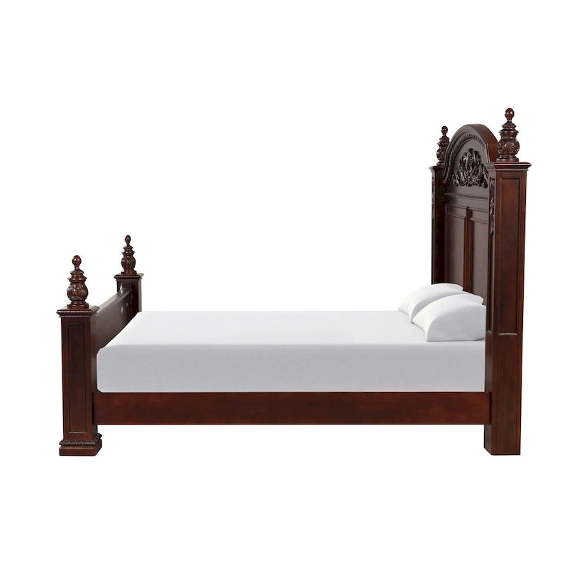 King Size Poster Bed in Deep Cherry Finish with Carved Accents – 70" High Posts