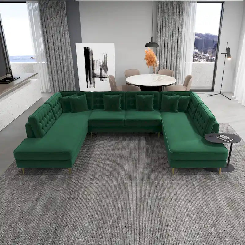 Modern U-Shaped Velvet Corner Sectional Sofa with Gold Metal Legs – Dark Green
