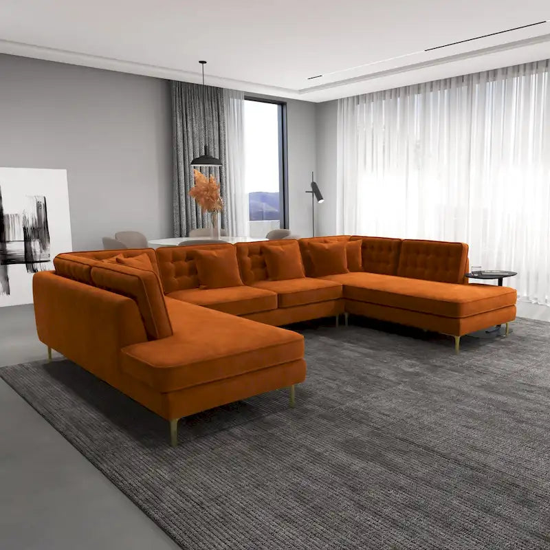 Modern U-Shaped Velvet Corner Sectional Sofa with Gold Metal Legs – Dark Green