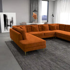 Modern U-Shaped Velvet Corner Sectional Sofa with Gold Metal Legs – Dark Green