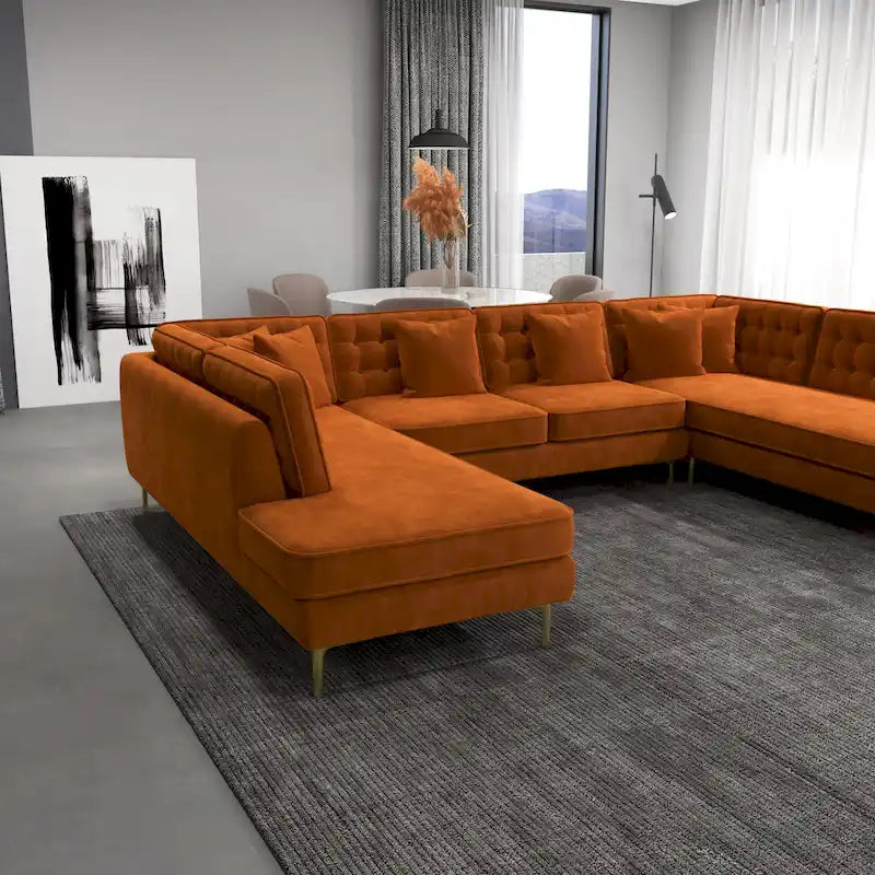 Modern U-Shaped Velvet Corner Sectional Sofa with Gold Metal Legs – Dark Green
