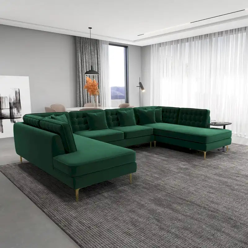 Modern U-Shaped Velvet Corner Sectional Sofa with Gold Metal Legs – Dark Green