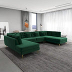 Modern U-Shaped Velvet Corner Sectional Sofa with Gold Metal Legs – Dark Green