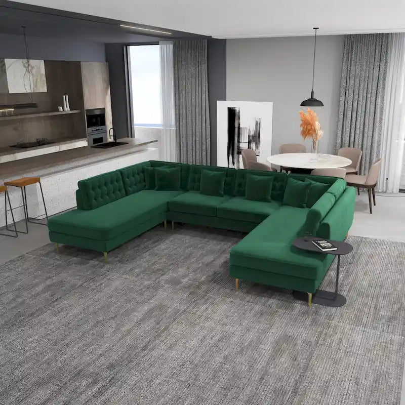 Modern U-Shaped Velvet Corner Sectional Sofa with Gold Metal Legs – Dark Green