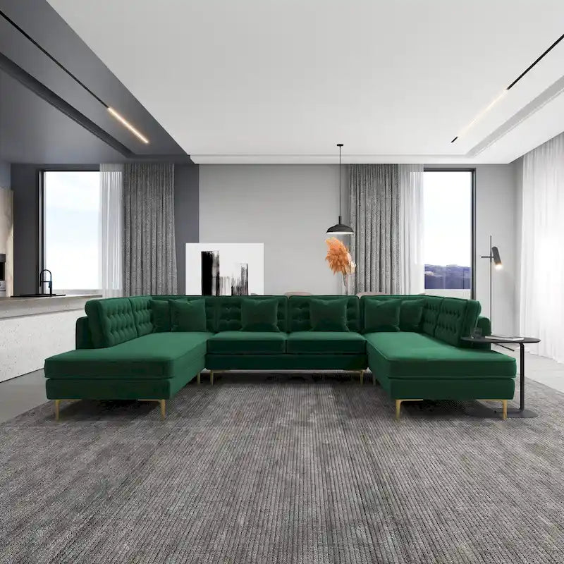 Modern U-Shaped Velvet Corner Sectional Sofa with Gold Metal Legs – Dark Green