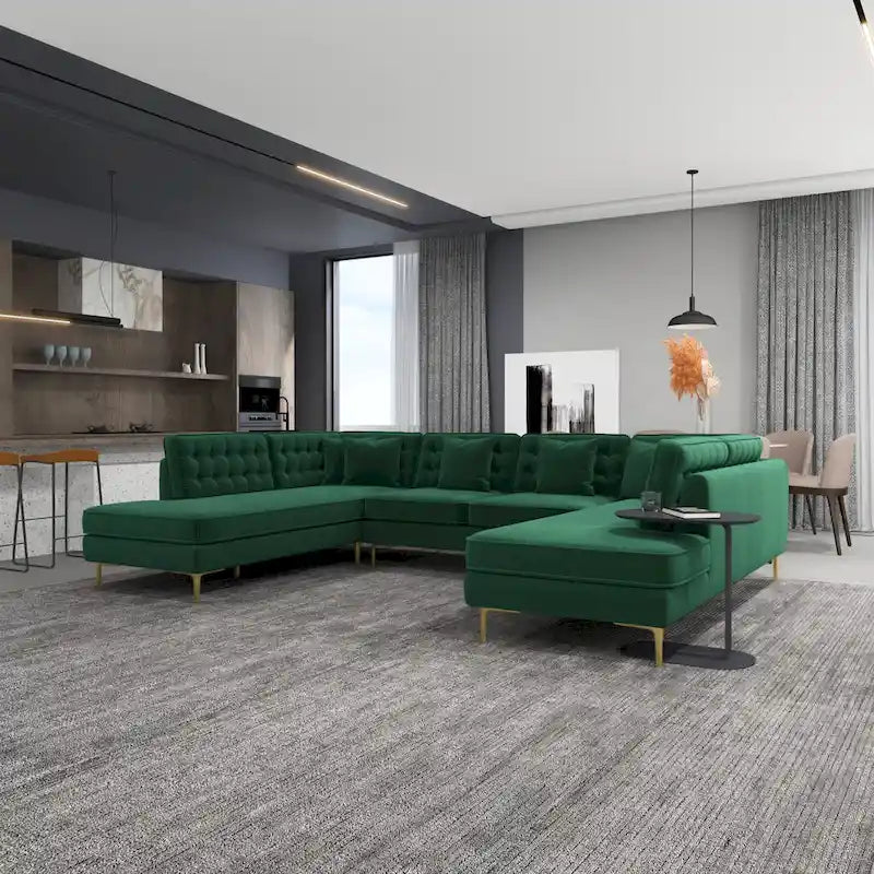 Modern U-Shaped Velvet Corner Sectional Sofa with Gold Metal Legs – Dark Green
