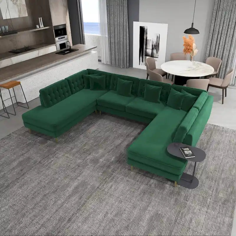 Modern U-Shaped Velvet Corner Sectional Sofa with Gold Metal Legs – Dark Green