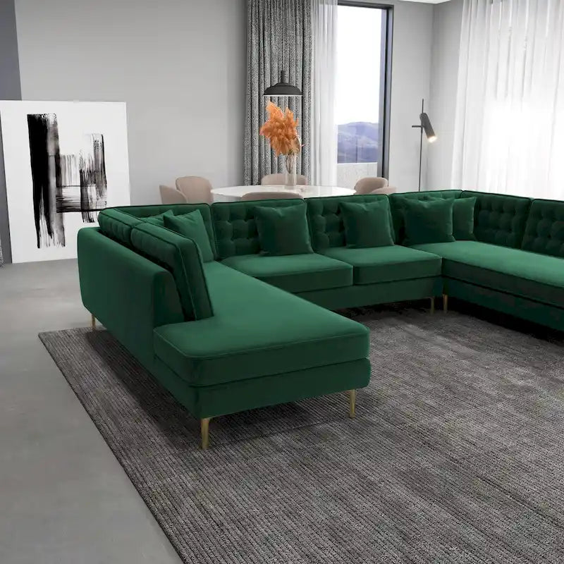Modern U-Shaped Velvet Corner Sectional Sofa with Gold Metal Legs – Dark Green