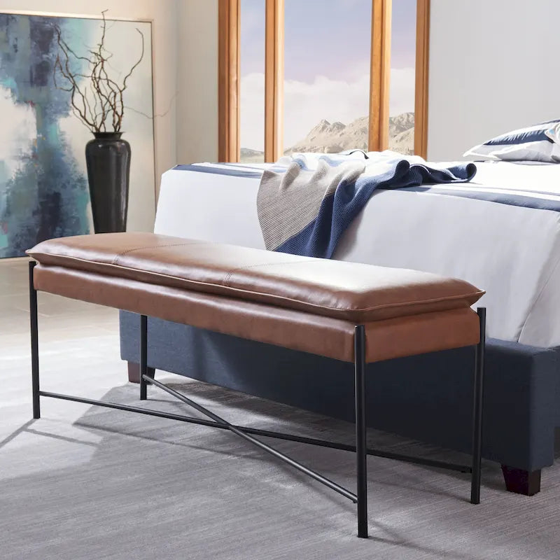 Cushioned X-Bench with Neutral Leather Seat – Minimalist Living Room Bench