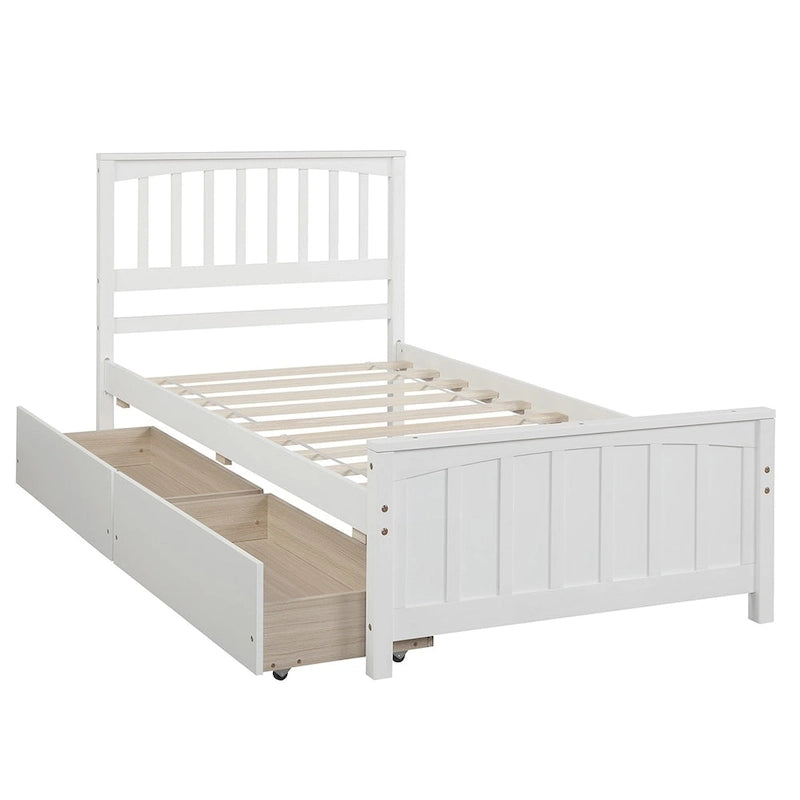Twin Size Platform Bed with Trundle & 2 Storage Drawers – White Solid Pine