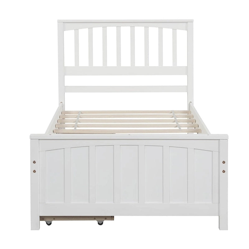Twin Size Platform Bed with Trundle & 2 Storage Drawers – White Solid Pine