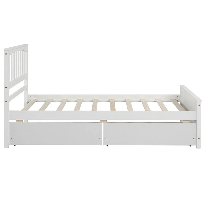 Twin Size Platform Bed with Trundle & 2 Storage Drawers – White Solid Pine