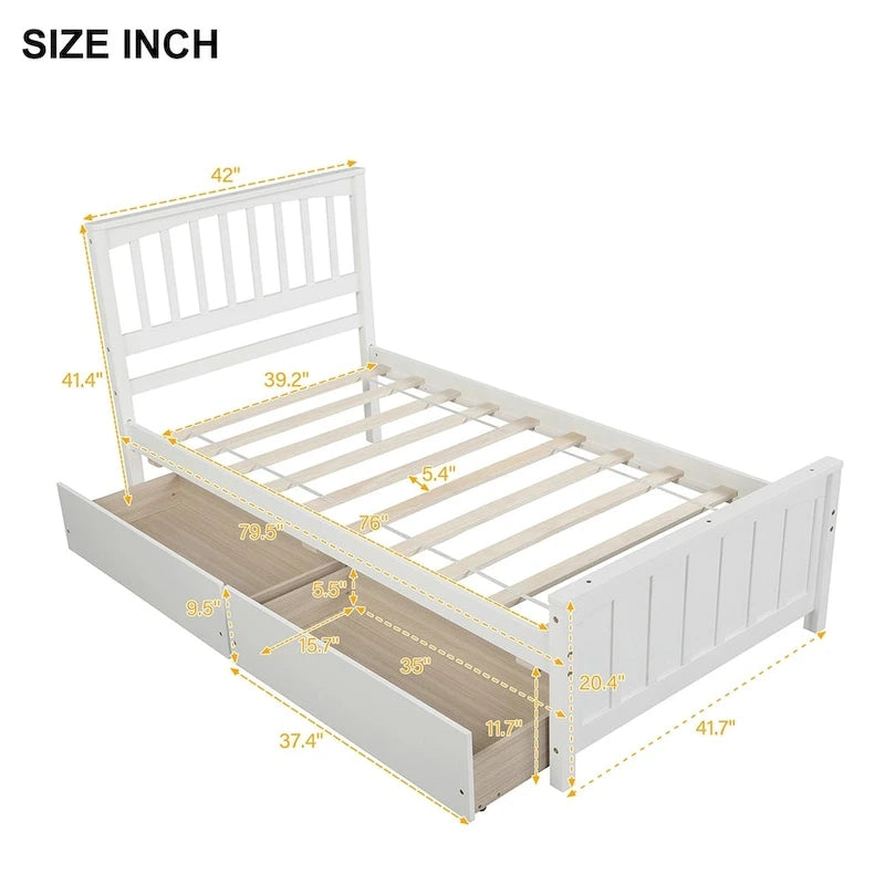 Twin Size Platform Bed with Trundle & 2 Storage Drawers – White Solid Pine