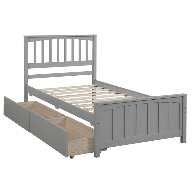 Twin Size Platform Bed with Trundle & 2 Storage Drawers – White Solid Pine