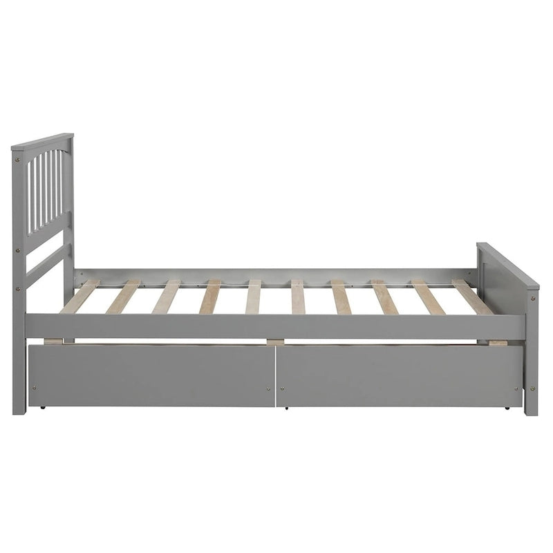 Twin Size Platform Bed with Trundle & 2 Storage Drawers – White Solid Pine