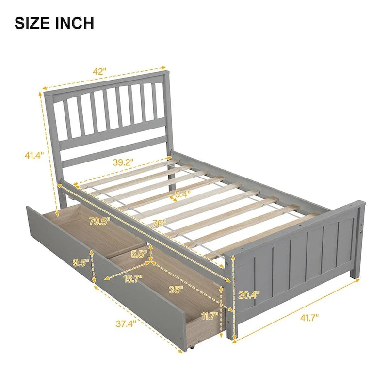 Twin Size Platform Bed with Trundle & 2 Storage Drawers – White Solid Pine