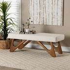 Rika Japandi Cream Boucle Fabric and Walnut Brown Finished Wood Bench