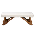 Cream Boucle Upholstered Bench with Boomerang Walnut Legs – Retro Minimalist