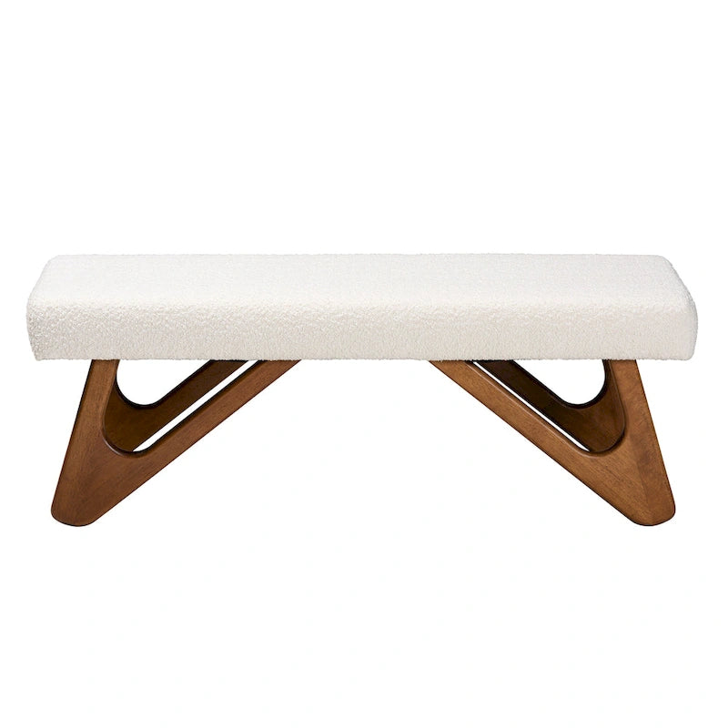 Cream Boucle Upholstered Bench with Boomerang Walnut Legs – Retro Minimalist