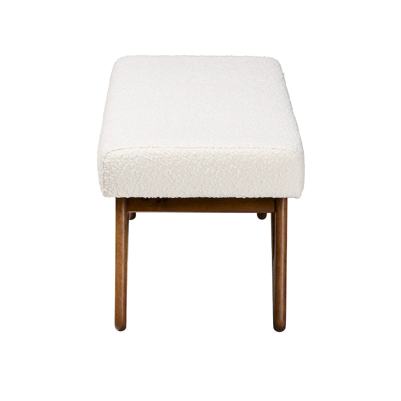 Cream Boucle Upholstered Bench with Boomerang Walnut Legs – Retro Minimalist