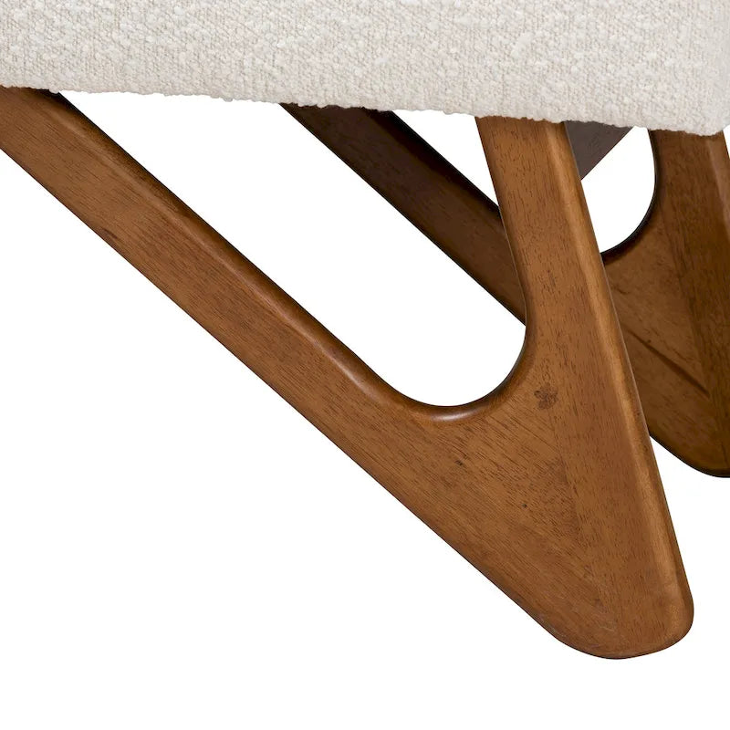 Cream Boucle Upholstered Bench with Boomerang Walnut Legs – Retro Minimalist